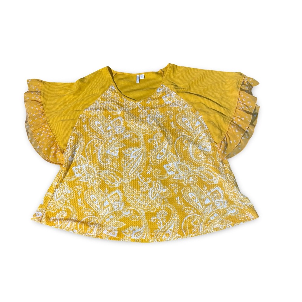 Cato Paisley Flutter Sleeve Top‎ Womens 22/24W Mustard Yellow Casual Blouse